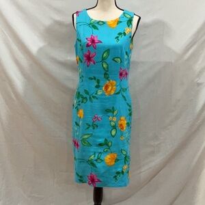 Tropical blue with tropical flowers sheath dress w round neck, size 8, Talbots.